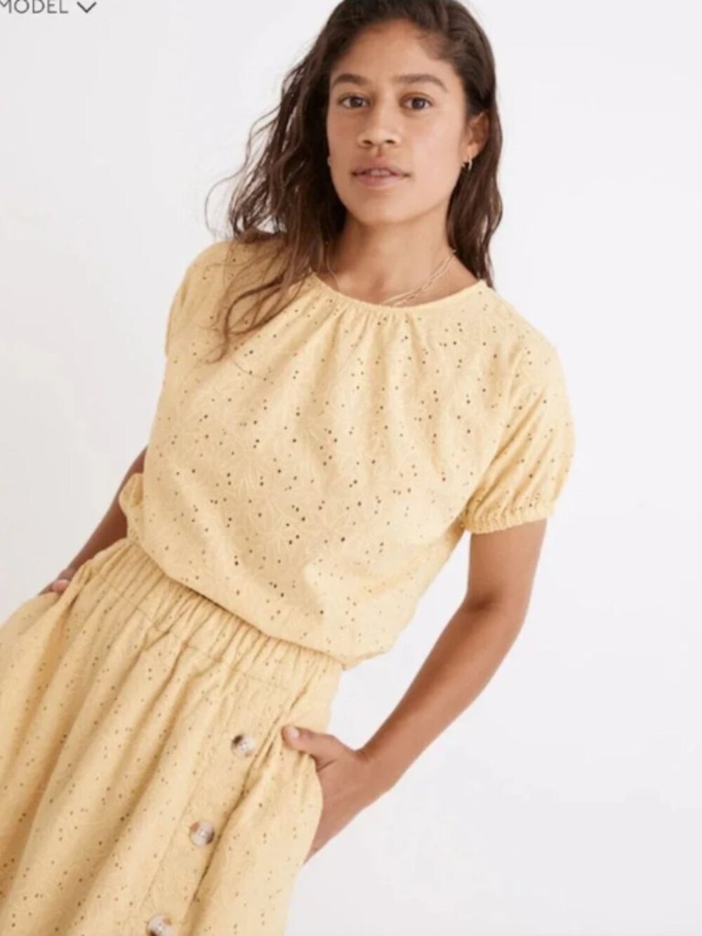 Madewell Pale Yellow Cotton Eyelet Floral Crop Top V-Neck Size Small